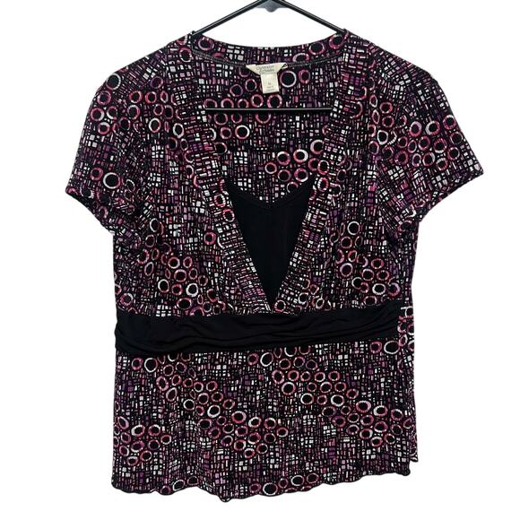 Christopher & Banks Geometric Circle Print Blouse M Pink‎ Black Y2K Retro Top - Picture 1 of 8